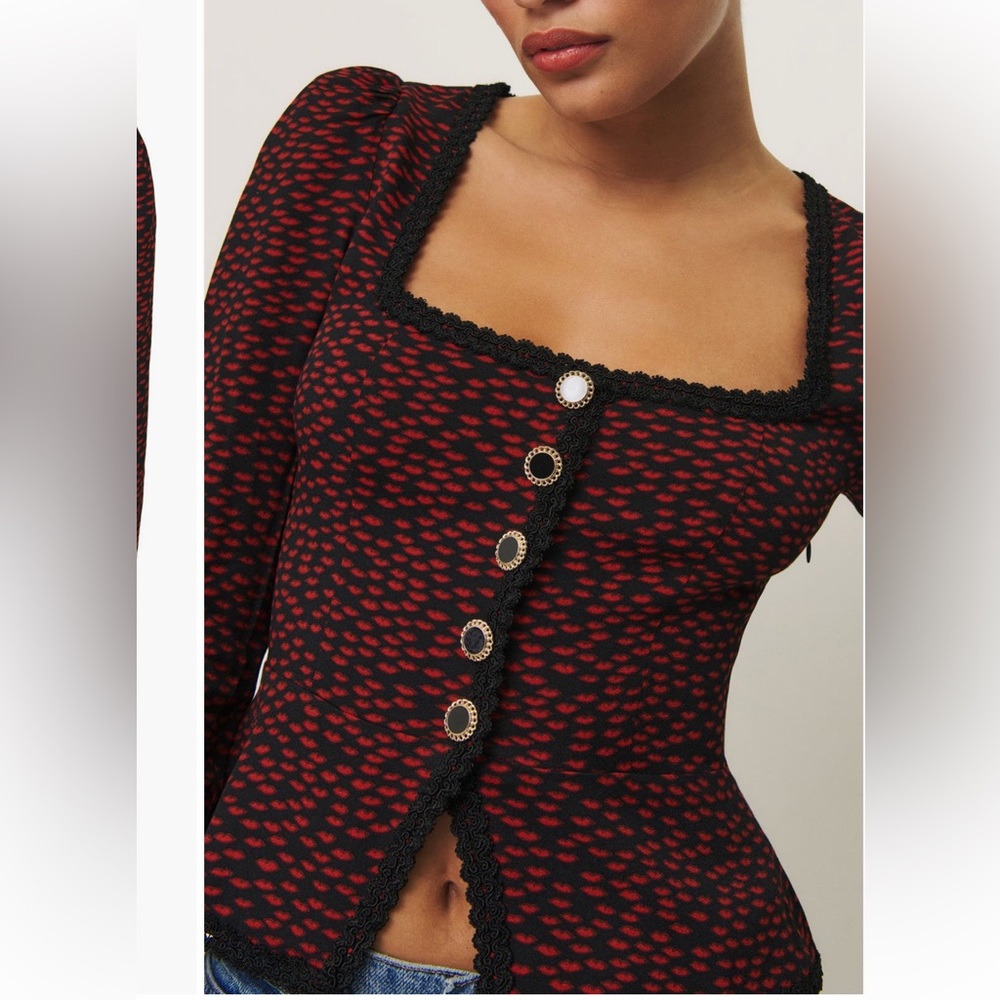 Reformation Nikky Red and Black Lace Trim Top